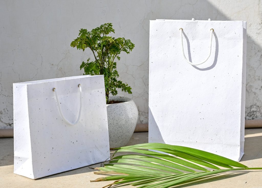 paper bags- shopping- minimalism- minimalist- green leaves- green palm leaves
